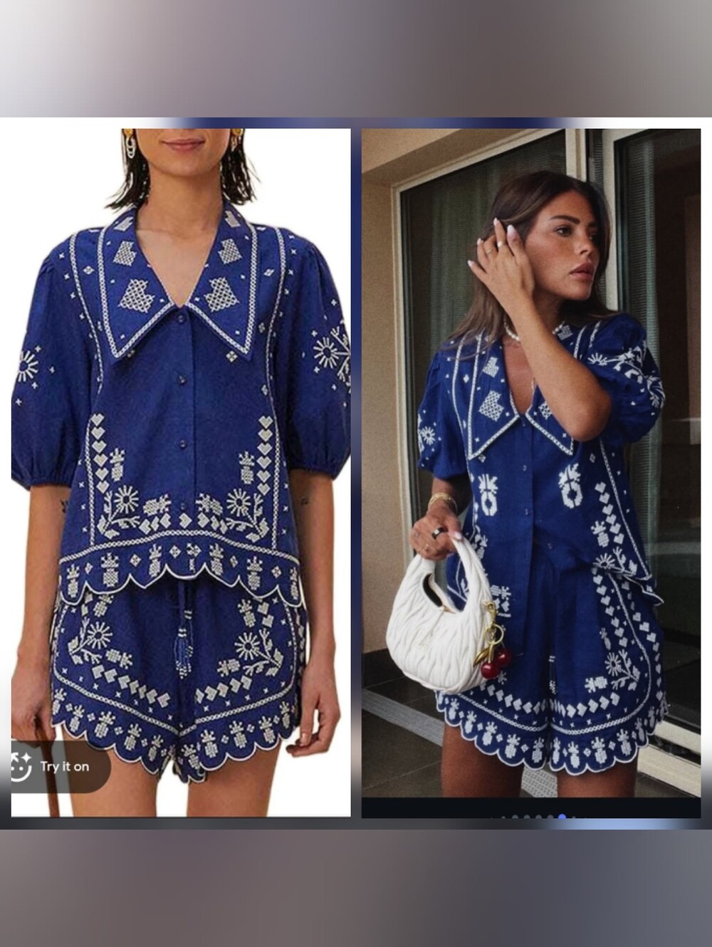Blue Embroidered Button-Front Short Sleeve Top